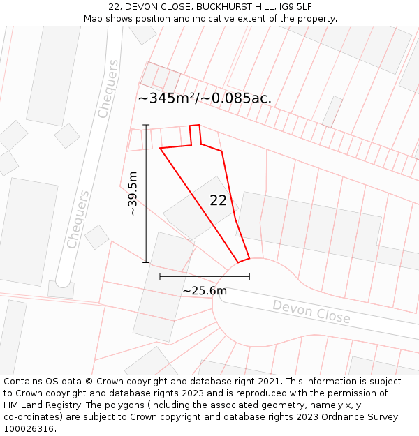 22, DEVON CLOSE, BUCKHURST HILL, IG9 5LF: Plot and title map