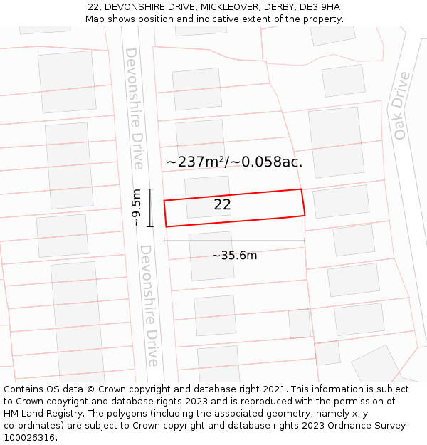 22, DEVONSHIRE DRIVE, MICKLEOVER, DERBY, DE3 9HA: Plot and title map