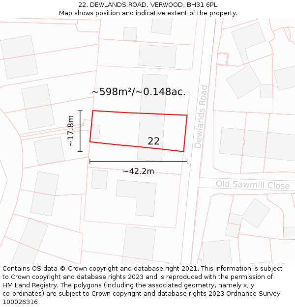 22, DEWLANDS ROAD, VERWOOD, BH31 6PL: Plot and title map