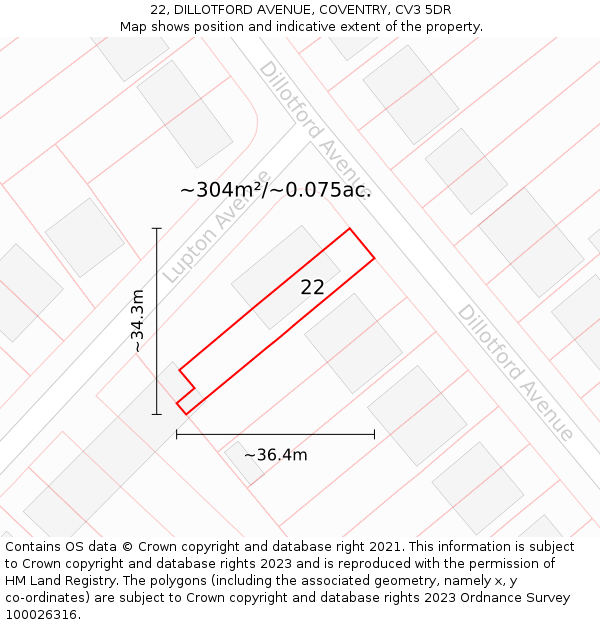 22, DILLOTFORD AVENUE, COVENTRY, CV3 5DR: Plot and title map