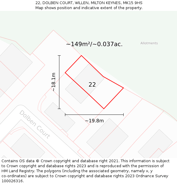 22, DOLBEN COURT, WILLEN, MILTON KEYNES, MK15 9HS: Plot and title map