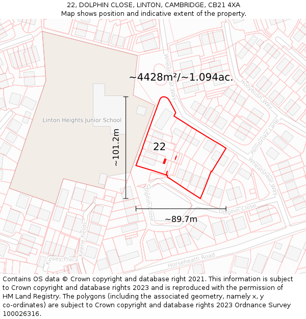 22, DOLPHIN CLOSE, LINTON, CAMBRIDGE, CB21 4XA: Plot and title map