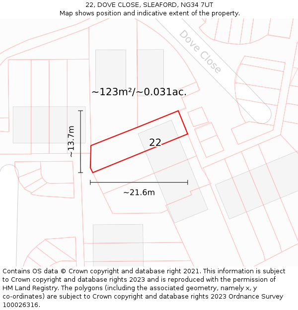 22, DOVE CLOSE, SLEAFORD, NG34 7UT: Plot and title map