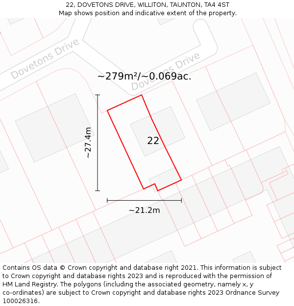 22, DOVETONS DRIVE, WILLITON, TAUNTON, TA4 4ST: Plot and title map