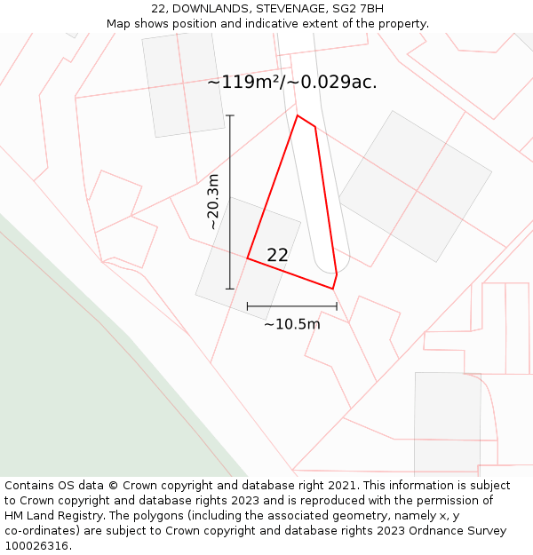 22, DOWNLANDS, STEVENAGE, SG2 7BH: Plot and title map