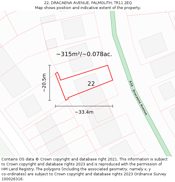 22, DRACAENA AVENUE, FALMOUTH, TR11 2EQ: Plot and title map