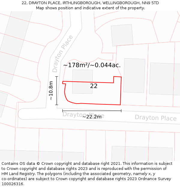 22, DRAYTON PLACE, IRTHLINGBOROUGH, WELLINGBOROUGH, NN9 5TD: Plot and title map