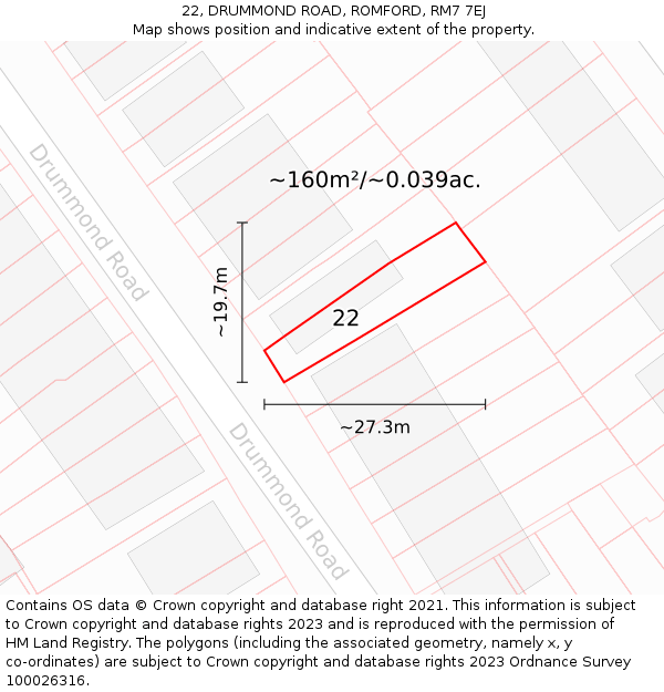 22, DRUMMOND ROAD, ROMFORD, RM7 7EJ: Plot and title map