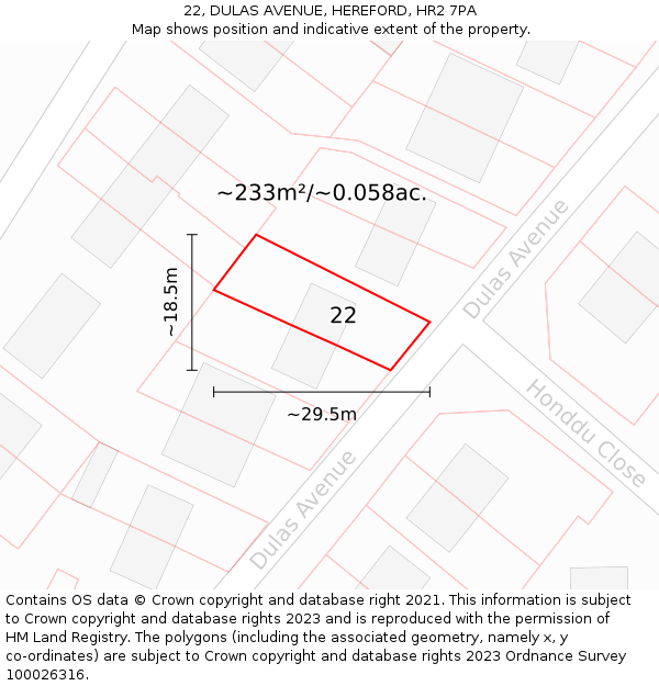 22, DULAS AVENUE, HEREFORD, HR2 7PA: Plot and title map