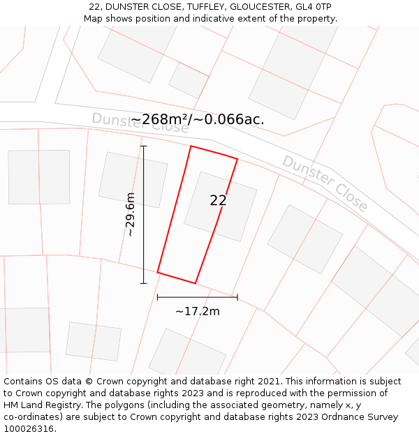 22, DUNSTER CLOSE, TUFFLEY, GLOUCESTER, GL4 0TP: Plot and title map