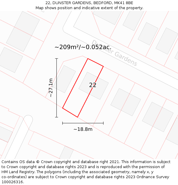 22, DUNSTER GARDENS, BEDFORD, MK41 8BE: Plot and title map