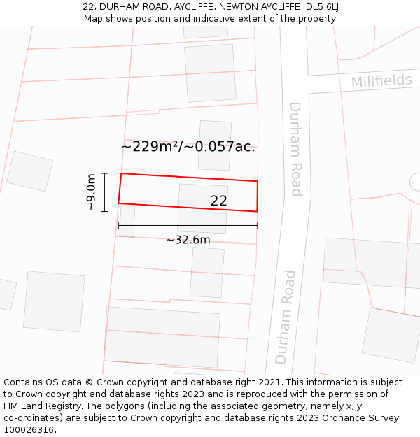 22, DURHAM ROAD, AYCLIFFE, NEWTON AYCLIFFE, DL5 6LJ: Plot and title map