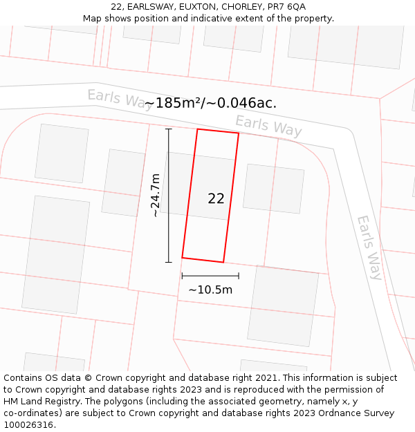 22, EARLSWAY, EUXTON, CHORLEY, PR7 6QA: Plot and title map