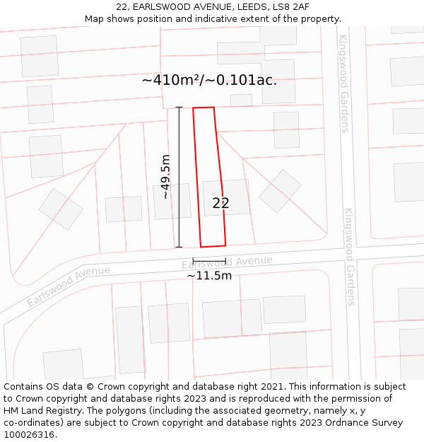 22, EARLSWOOD AVENUE, LEEDS, LS8 2AF: Plot and title map