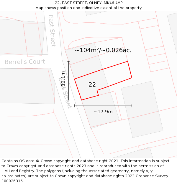 22, EAST STREET, OLNEY, MK46 4AP: Plot and title map