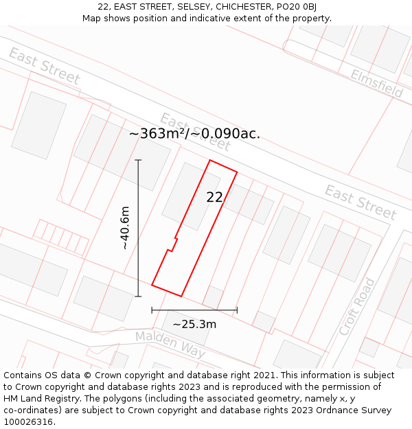 22, EAST STREET, SELSEY, CHICHESTER, PO20 0BJ: Plot and title map