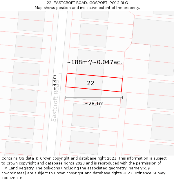 22, EASTCROFT ROAD, GOSPORT, PO12 3LG: Plot and title map