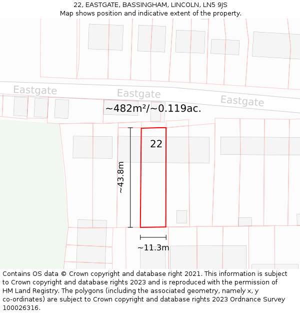 22, EASTGATE, BASSINGHAM, LINCOLN, LN5 9JS: Plot and title map