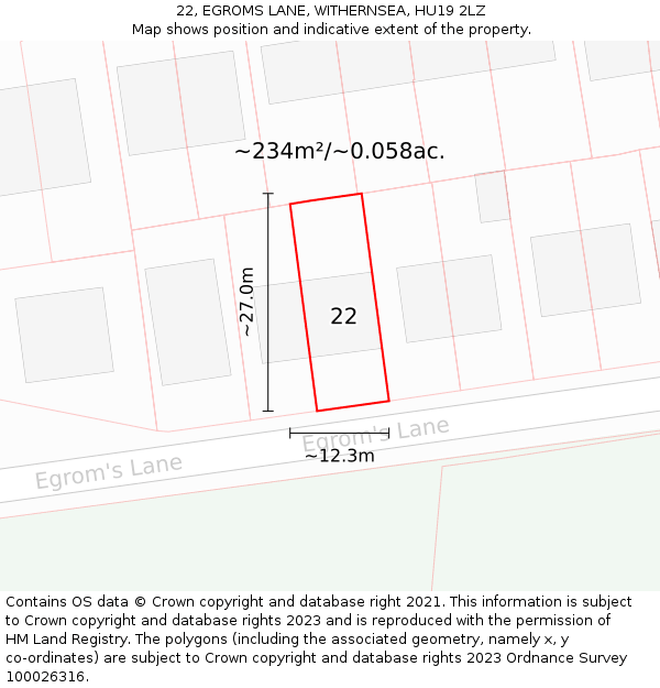 22, EGROMS LANE, WITHERNSEA, HU19 2LZ: Plot and title map