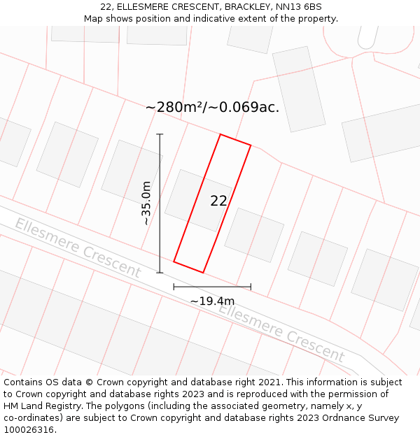 22, ELLESMERE CRESCENT, BRACKLEY, NN13 6BS: Plot and title map