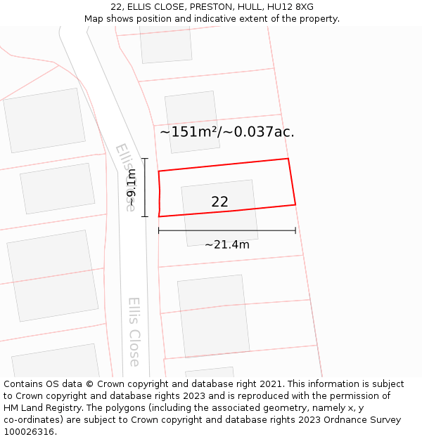 22, ELLIS CLOSE, PRESTON, HULL, HU12 8XG: Plot and title map