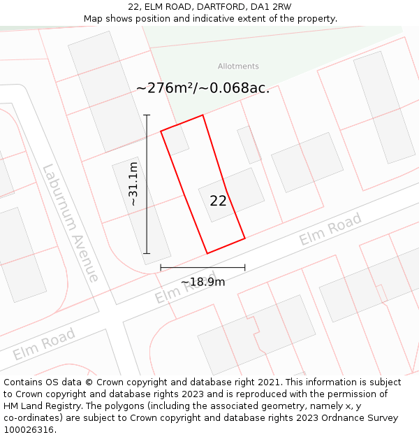 22, ELM ROAD, DARTFORD, DA1 2RW: Plot and title map