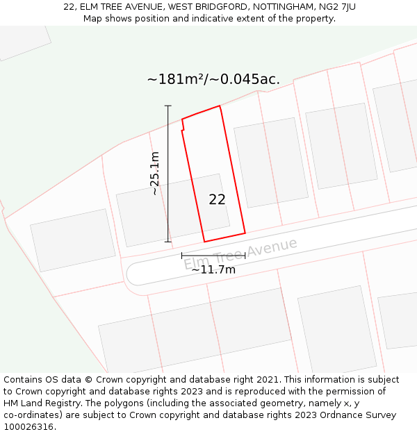 22, ELM TREE AVENUE, WEST BRIDGFORD, NOTTINGHAM, NG2 7JU: Plot and title map