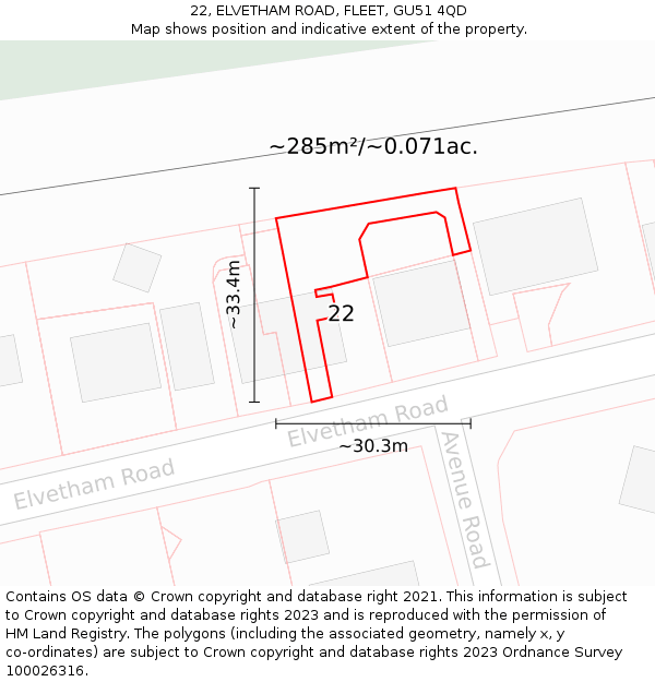 22, ELVETHAM ROAD, FLEET, GU51 4QD: Plot and title map