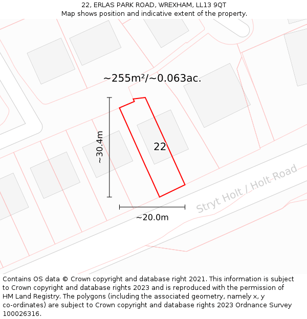 22, ERLAS PARK ROAD, WREXHAM, LL13 9QT: Plot and title map
