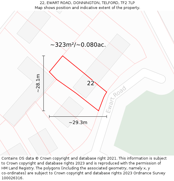 22, EWART ROAD, DONNINGTON, TELFORD, TF2 7LP: Plot and title map