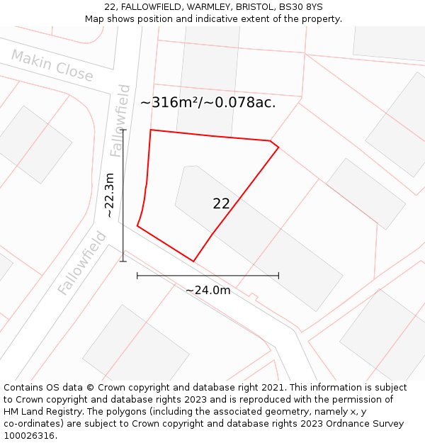 22, FALLOWFIELD, WARMLEY, BRISTOL, BS30 8YS: Plot and title map