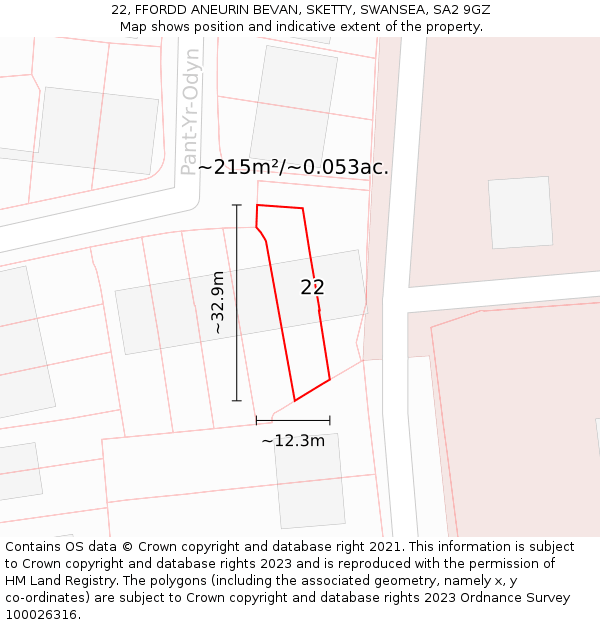 22, FFORDD ANEURIN BEVAN, SKETTY, SWANSEA, SA2 9GZ: Plot and title map