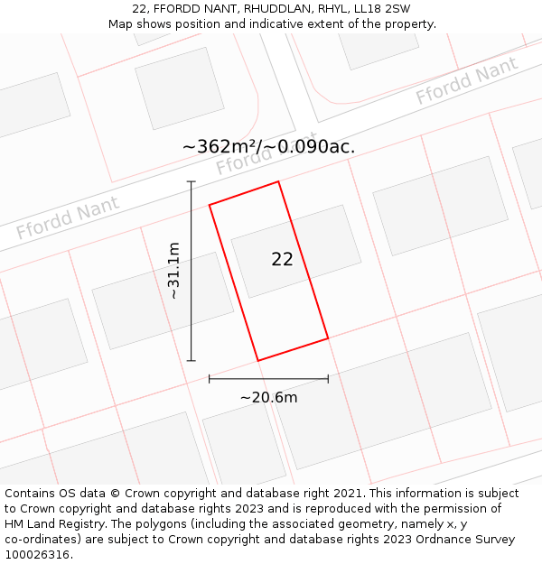 22, FFORDD NANT, RHUDDLAN, RHYL, LL18 2SW: Plot and title map