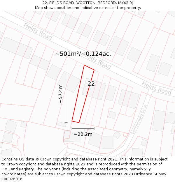 22, FIELDS ROAD, WOOTTON, BEDFORD, MK43 9JJ: Plot and title map