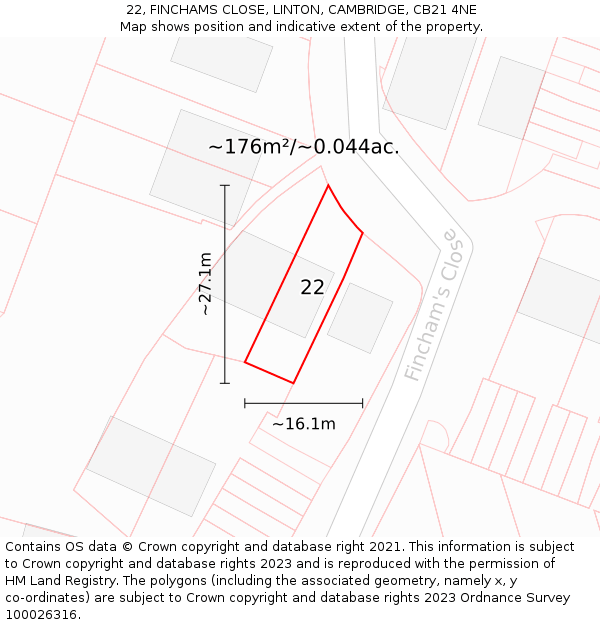 22, FINCHAMS CLOSE, LINTON, CAMBRIDGE, CB21 4NE: Plot and title map