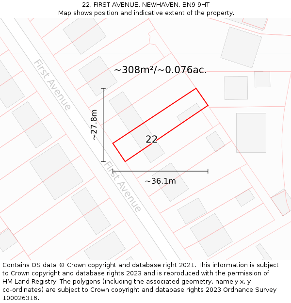 22, FIRST AVENUE, NEWHAVEN, BN9 9HT: Plot and title map