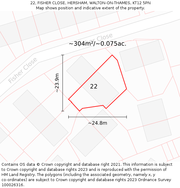 22, FISHER CLOSE, HERSHAM, WALTON-ON-THAMES, KT12 5PN: Plot and title map