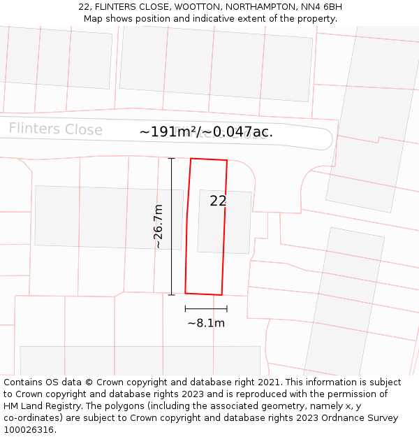 22, FLINTERS CLOSE, WOOTTON, NORTHAMPTON, NN4 6BH: Plot and title map