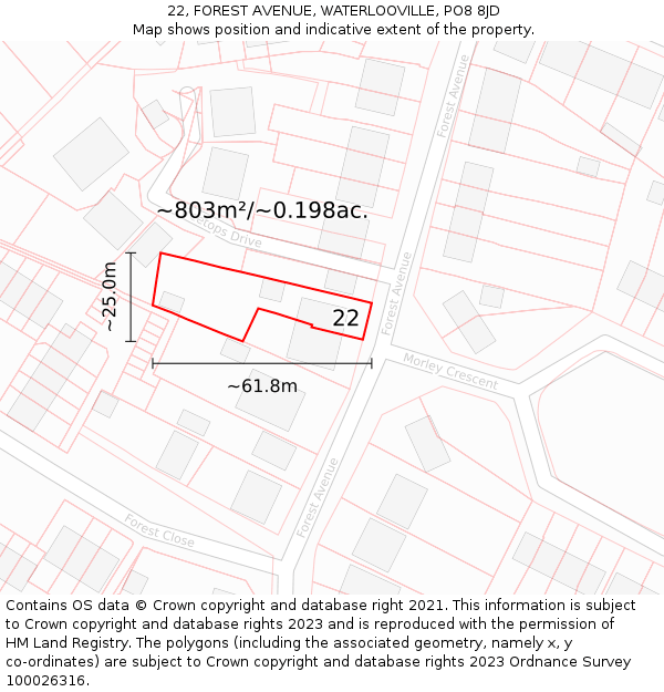 22, FOREST AVENUE, WATERLOOVILLE, PO8 8JD: Plot and title map