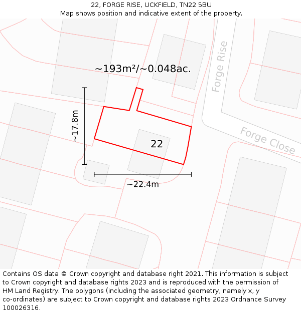 22, FORGE RISE, UCKFIELD, TN22 5BU: Plot and title map
