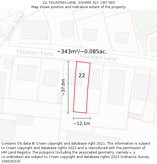22, FOUNTAIN LANE, SOHAM, ELY, CB7 5ED: Plot and title map