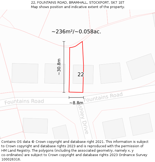 22, FOUNTAINS ROAD, BRAMHALL, STOCKPORT, SK7 1ET: Plot and title map