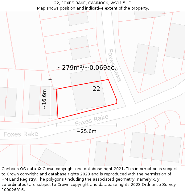 22, FOXES RAKE, CANNOCK, WS11 5UD: Plot and title map