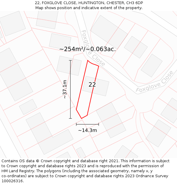 22, FOXGLOVE CLOSE, HUNTINGTON, CHESTER, CH3 6DP: Plot and title map