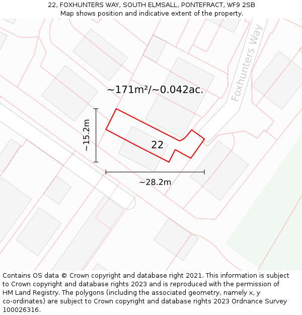 22, FOXHUNTERS WAY, SOUTH ELMSALL, PONTEFRACT, WF9 2SB: Plot and title map