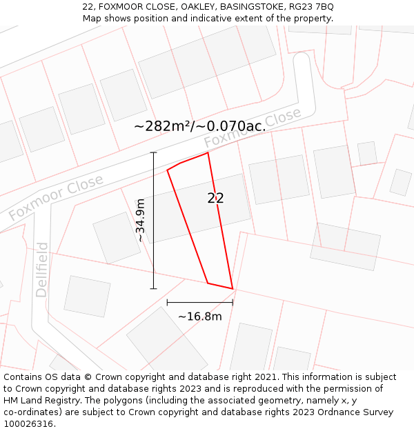 22, FOXMOOR CLOSE, OAKLEY, BASINGSTOKE, RG23 7BQ: Plot and title map