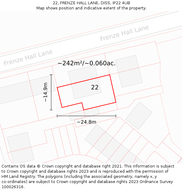 22, FRENZE HALL LANE, DISS, IP22 4UB: Plot and title map