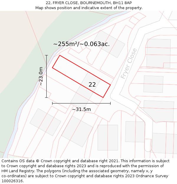 22, FRYER CLOSE, BOURNEMOUTH, BH11 8AP: Plot and title map