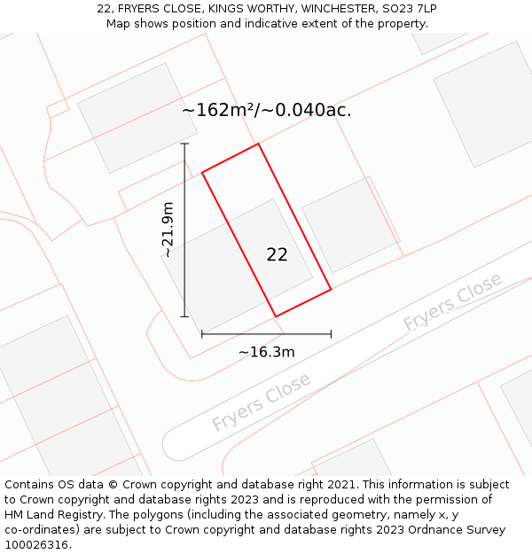 22, FRYERS CLOSE, KINGS WORTHY, WINCHESTER, SO23 7LP: Plot and title map