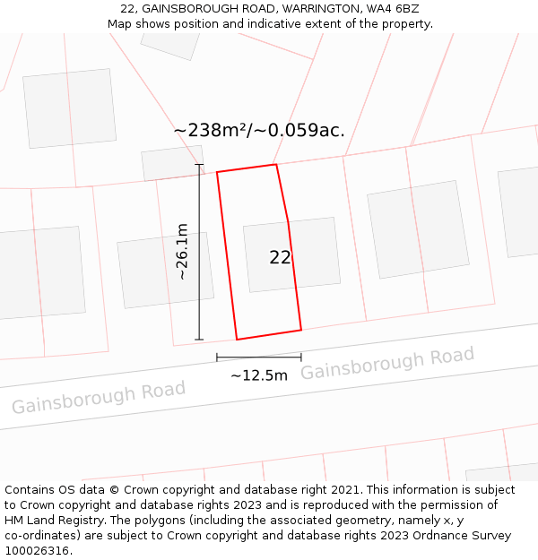 22, GAINSBOROUGH ROAD, WARRINGTON, WA4 6BZ: Plot and title map